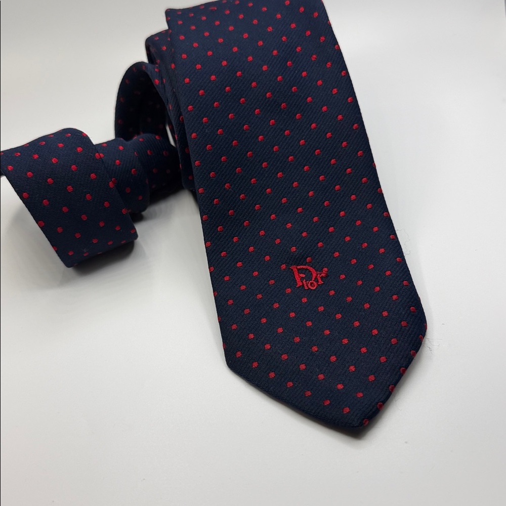 Vintage Christian Dior Navy & Red Polka Dot Silk Blend Tie 70’s